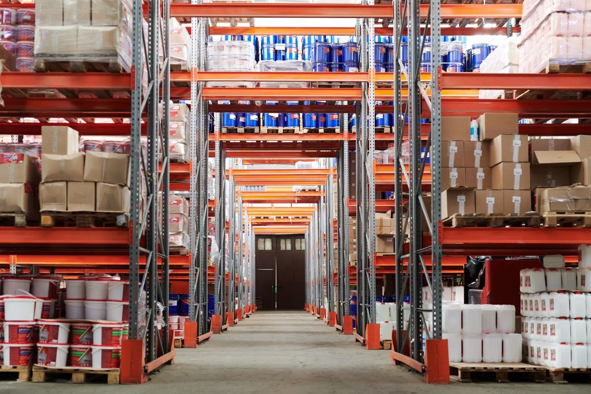 Organised warehouse aisle for pharmaceutical logistics